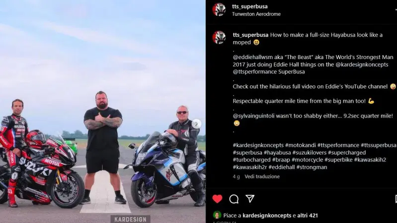 Una Hayabusa turbo da 420 cavalli in mano a Eddie Hall "The Beast" in una drag race: cosa pu&ograve; andare storto?