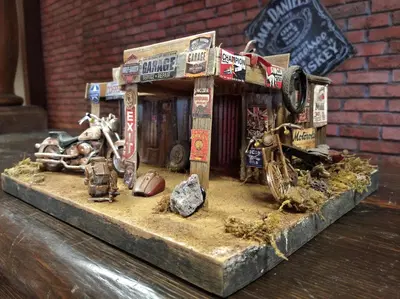 Diorama Garage con Fat Boy e rudere smontato Ameri 