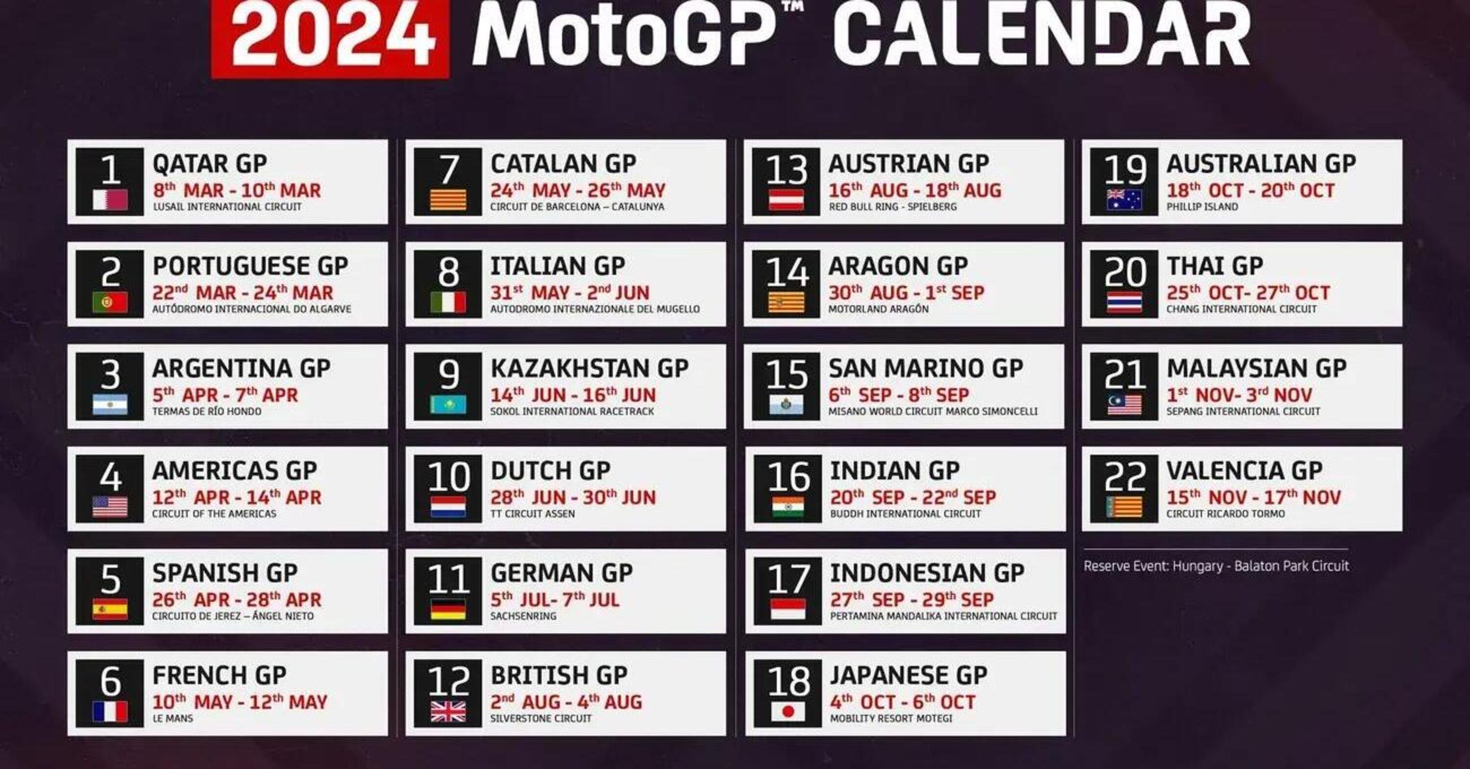 MotoGP 2024. Ecco il calendario provvisorio per il 2024: 22 GP (44 gare!),  quattro doppie, tre triple, otto mesi di gare - MotoGP 