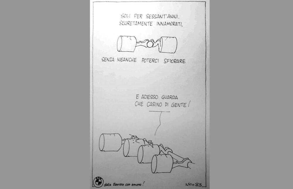 Una vignetta di Nico che risale esattamente a 40 anni fa, quando sembrava che il boxer fosse passato di moda e da BMW arrivava il quattro cilindri orizzontale della serie K