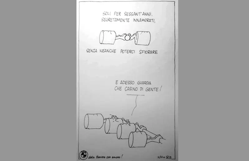 Una vignetta di Nico che risale esattamente a 40 anni fa, quando sembrava che il boxer fosse passato di moda e da BMW arrivava il quattro cilindri orizzontale della serie K