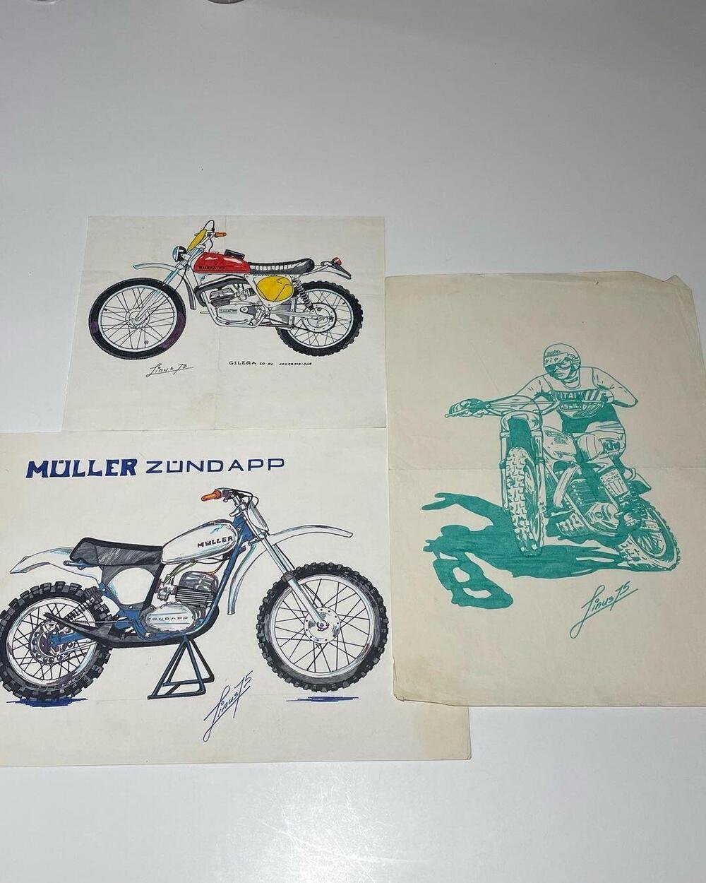 Alcuni dei disegni che Linus produceva da ragazzo sulle moto che pi&ugrave; lo facevano sognare