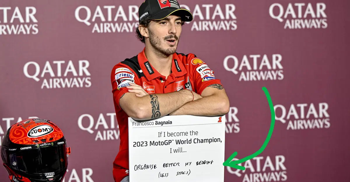 MotoGP 2023. GP del Qatar. Pecco Bagnaia: "Se vinco il mondiale? Organizzer&ograve; meglio il mio matrimonio". Intanto c'&egrave; la data
