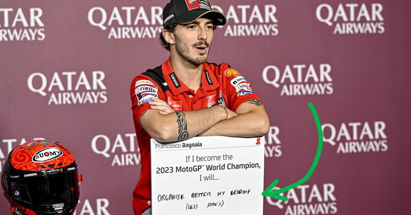 MotoGP 2023. GP del Qatar. Pecco Bagnaia: &quot;Se vinco il mondiale? Organizzer&ograve; meglio il mio matrimonio&quot;. Intanto c&#039;&egrave; la data