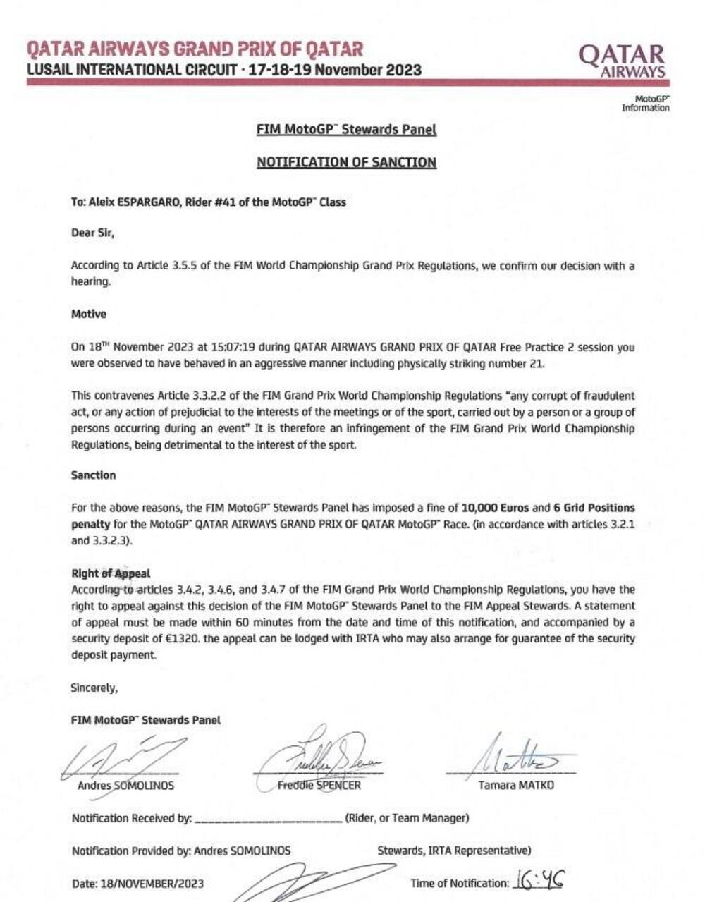 Il documento che attesta la decisione dello stewards panel nei confronti di Aleix