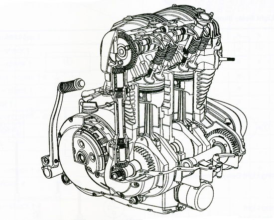 Da alcuni anni la Kawasaki produce dei bicilindrici paralleli, destinati alle classicheggianti W 650 e W 800, nei quali l’albero a camme in testa è comandato da un alberello e due coppie di ingranaggi conici 