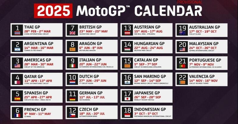 MotoGP 2025. Ecco il calendario MotoGP del 2025: da fine febbraio a met&agrave; novembre, nessuna tripla!