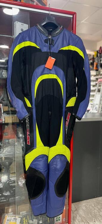 TUTA MOTOCUBO MIX PELLE E TESSUTO GIALLO FLUO BLU