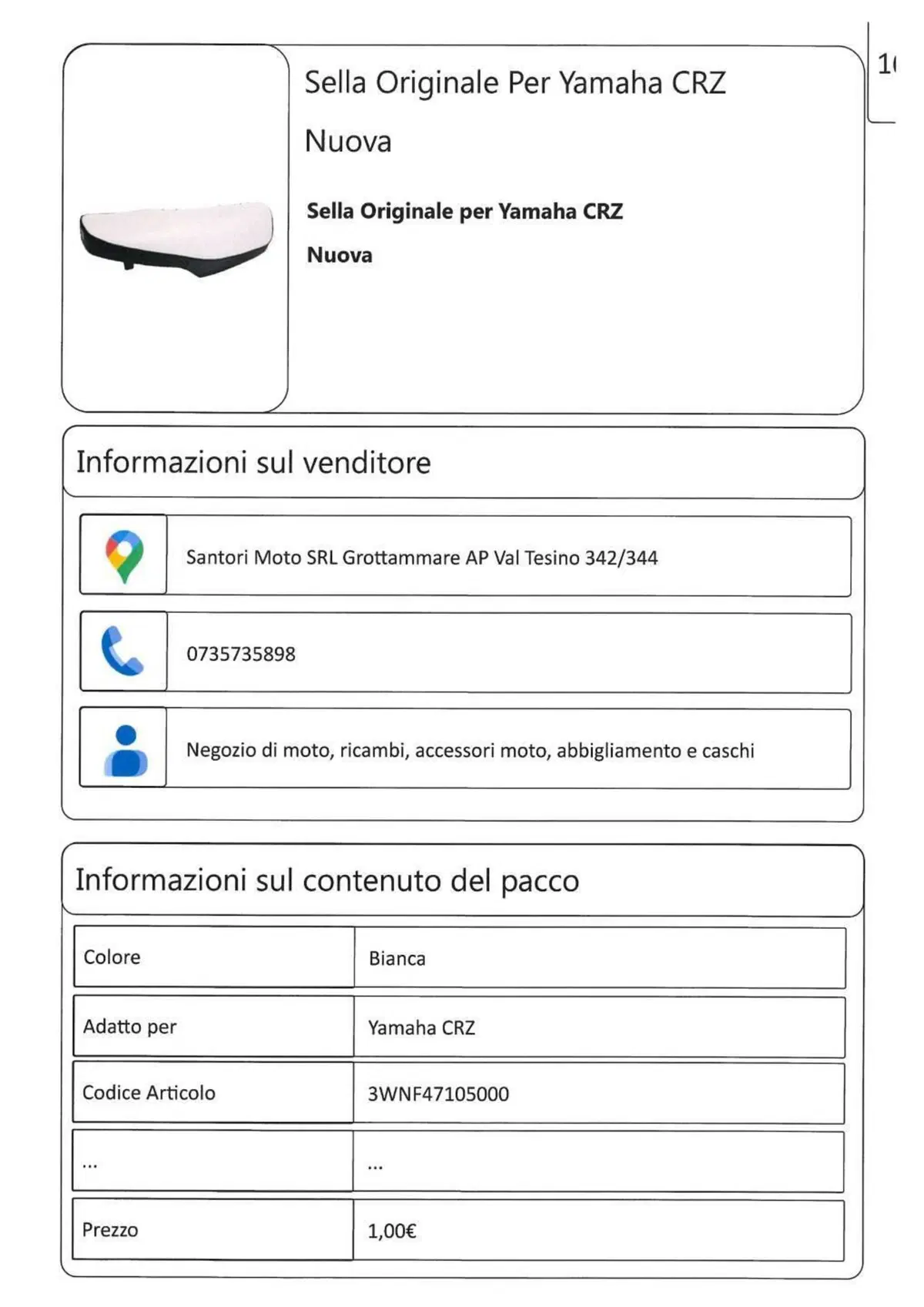 Sella Originale Per Yamaha CRZ Nuova