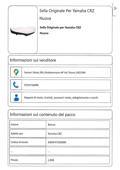 Sella Originale Per Yamaha CRZ Nuova