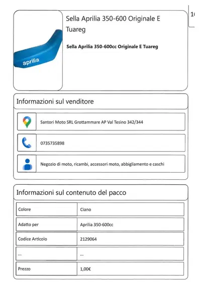 Sella Aprilia 350-600 Originale E Tuareg