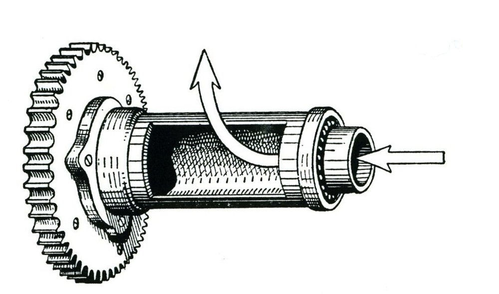 Il disegno mostra un otturatore a manicotto rotante utilizzato dalla TWN per controllare l&rsquo;aspirazione nella camera di manovella. In questo caso viene comandato dall&rsquo;albero a gomiti per mezzo di una coppia di ingranaggi