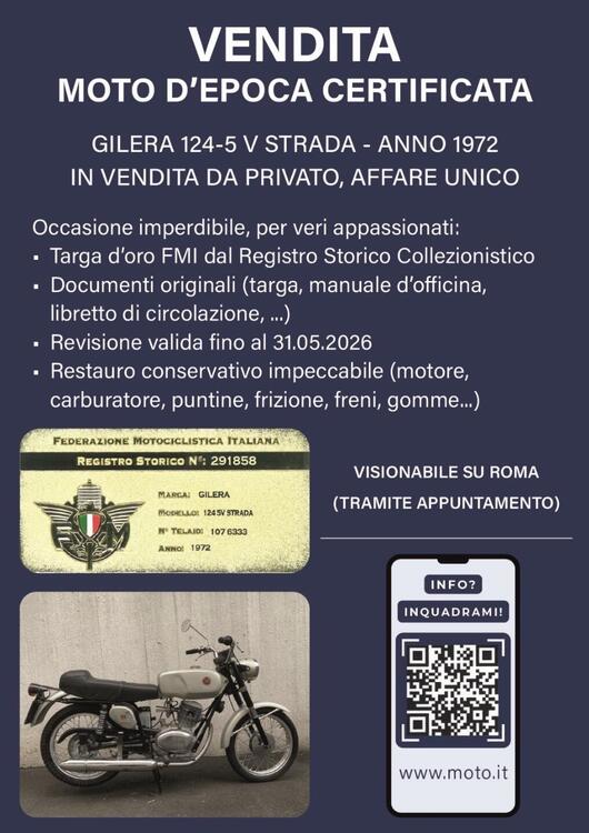 Gilera G 124 - 5 V Strada 1972-TARGA ORO-FMI