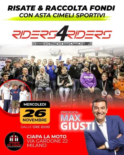 Max Giusti da Ciapa la Moto a Milano: serata benefica con asta di cimeli sportivi per Riders4Riders