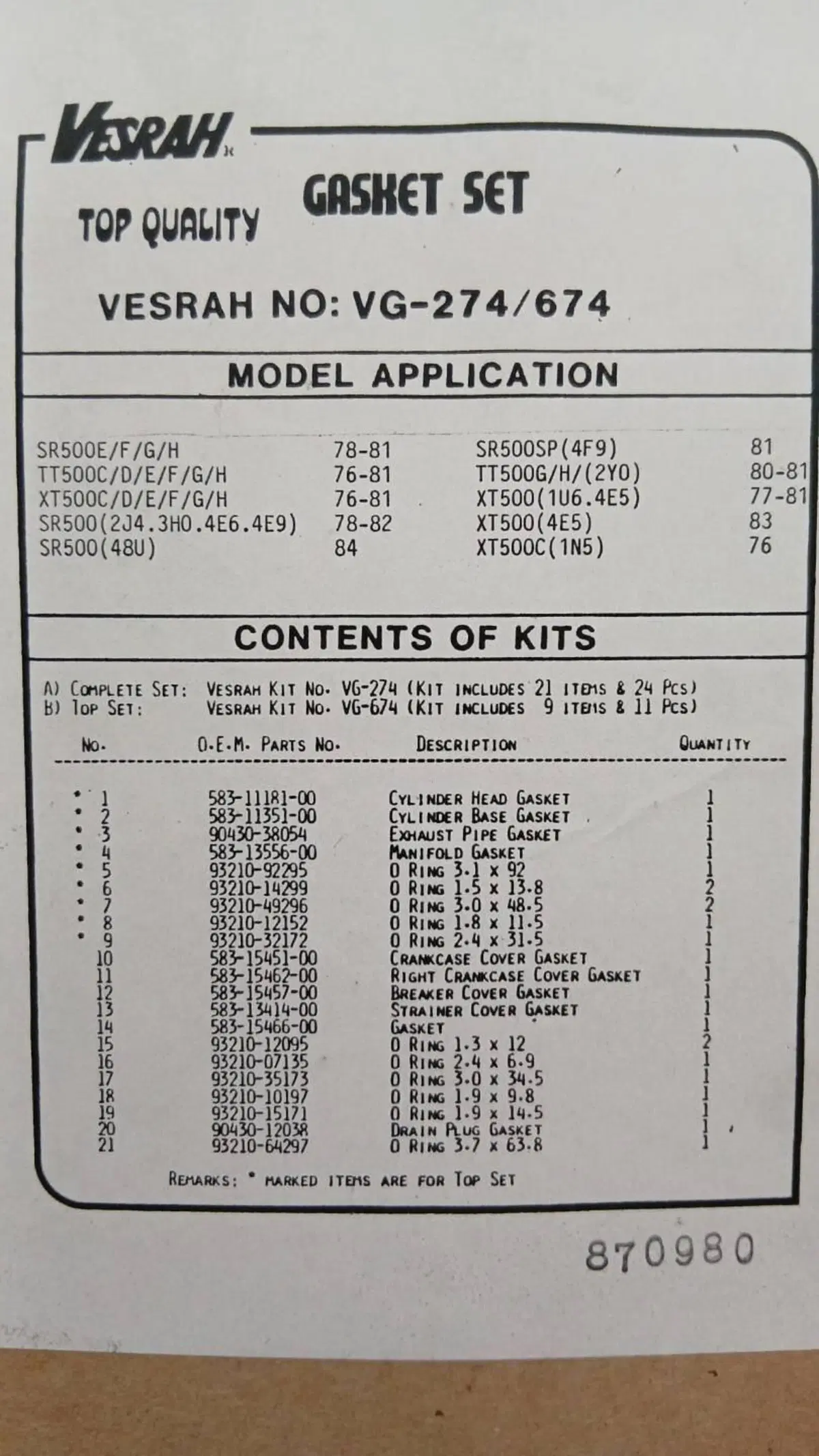 701115/8 KIT GUARNIZIONI YAMAHA (2)