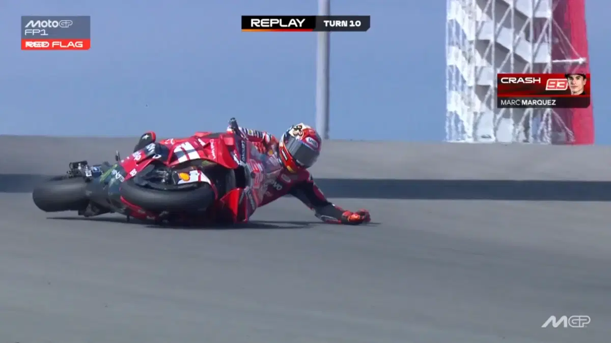 La caduta di Marquez nelle FP1 del GP delle Americhe 2026 (2)