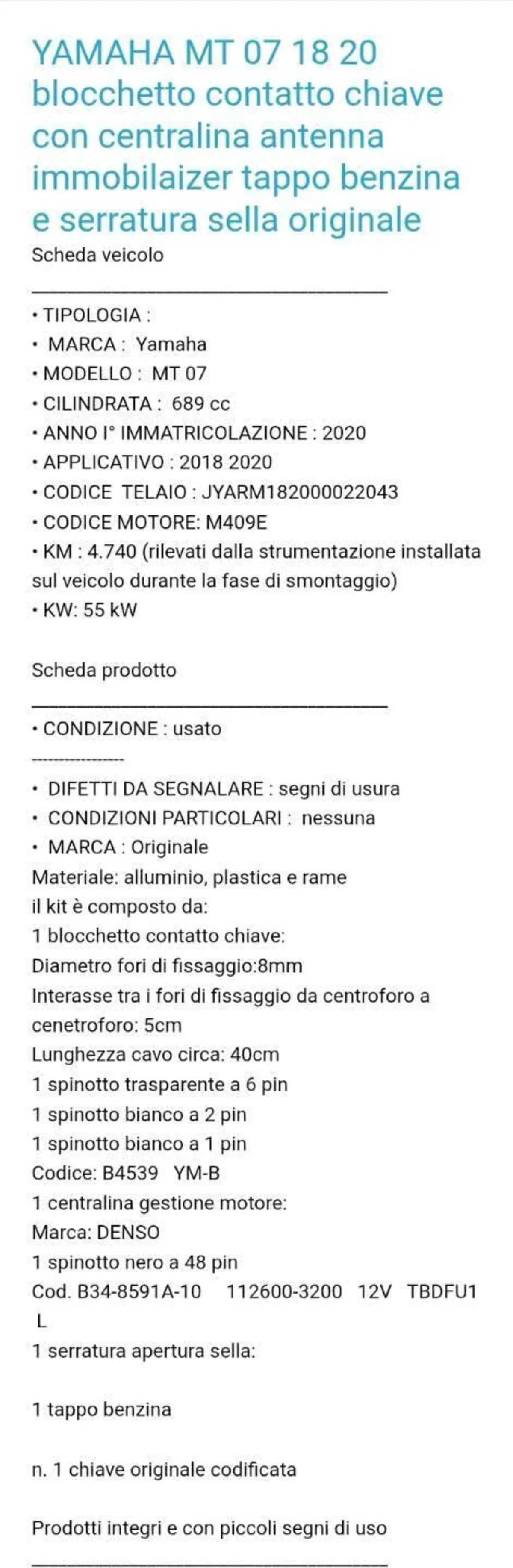 Kit blocchetto chiavi completo per Yamaha mt-07 (5)