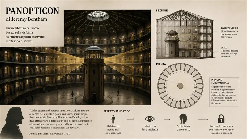 Il Panopticon sarebbe dovuto funzionare cos&igrave;: l'idea era che un solo controllore potesse sorvegliare tutti i detenuti. Questi si sarebbero comportati bene perch&eacute; - nell'idea di Bentham - il fatto di essere potenzialmente sempre osservati e controllati li avrebbe portati a comportarsi bene