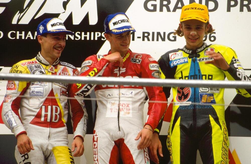 Il podio 125 di Zeltweg nel 1996: Raudies, Goi e Rossi