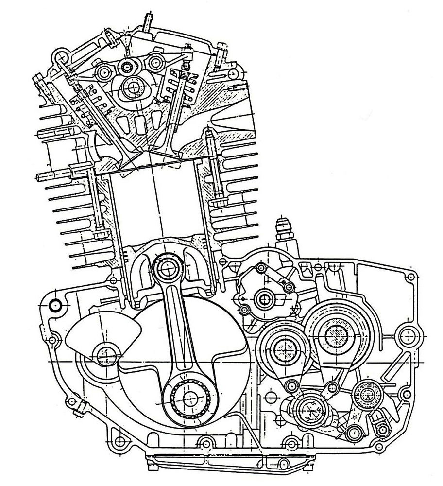 Questa sezione del motore Rotax monocilindrico con distribuzione monoalbero e raffreddamento ad aria consente di osservare la conformazione e la disposizione degli organi interni. L’albero di equilibratura è nella parte anteriore del basamento