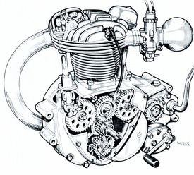 La Zundapp DS 350, entrata in produzione nel 1938, aveva una distribuzione ad aste e bilancieri di tipo inusuale, ben osservabile nel disegno, che sembrava riprendere schemi cari alla scuola aeronautica