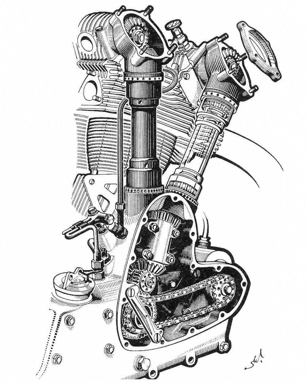 Il disegno mostra il sistema di comando della distribuzione bialbero del motore NSU 350 a due cilindri paralleli, nato nel 1938. Gli ingranaggi conici erano ben nove. Una moto azionata da questo motore, opportunamente carenata, nel 1956 ha portato il record assoluto di velocit&agrave; a 339 km/h